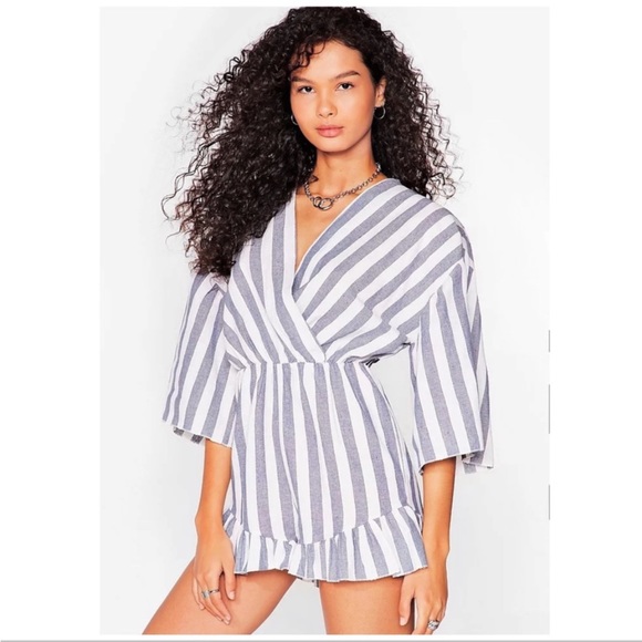NASTY GAL | STRIPED LINEN BARBIECORE BATWING RUFFLE ROMPER - Picture 5 of 5
